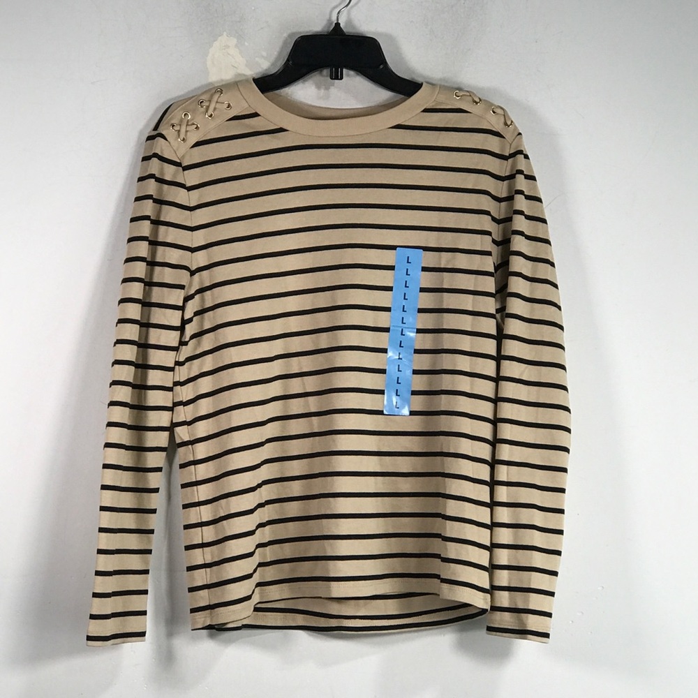Rafaella Long Sleeve Striped Top, Women's Size L - Tan/Black